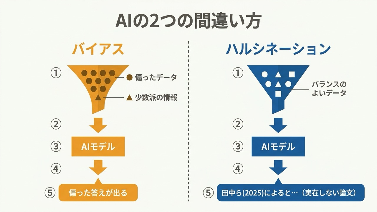 AIの2つの間違い方:左にバイアス(偏ったデータが歪んだ漏斗を通って偏った答えへ)、右にハルシネーション(バランスのよいデータからも存在しない論文が生成される)の対比図