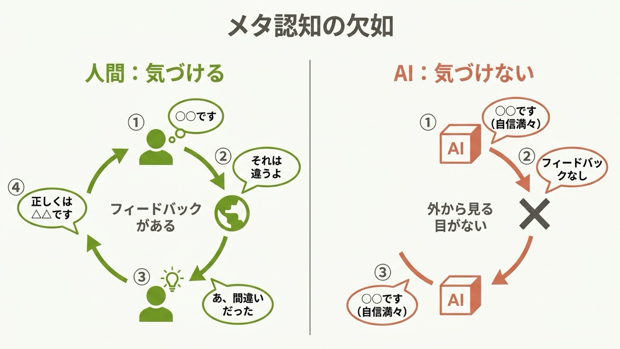 メタ認知の欠如:左に人間(発言→世界からの返答→気づき→修正の循環、フィードバックがある)、右にAI(同じ発言を繰り返すだけでフィードバックなし)の対比図