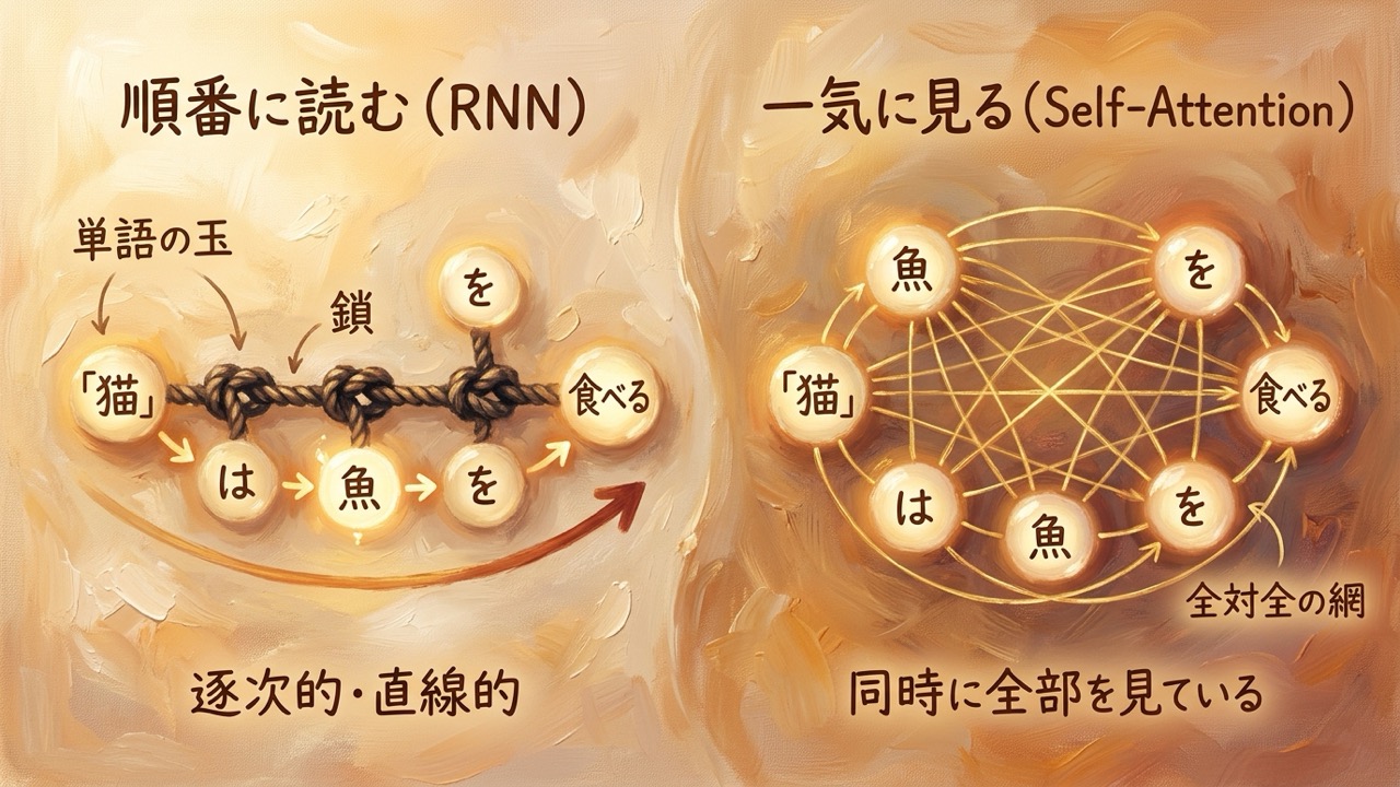 順番に読むRNNと一気に見るSelf-Attentionの対比