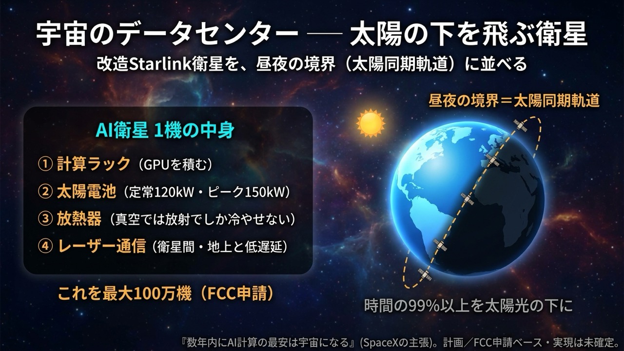 宇宙データセンターの衛星構成と太陽同期軌道