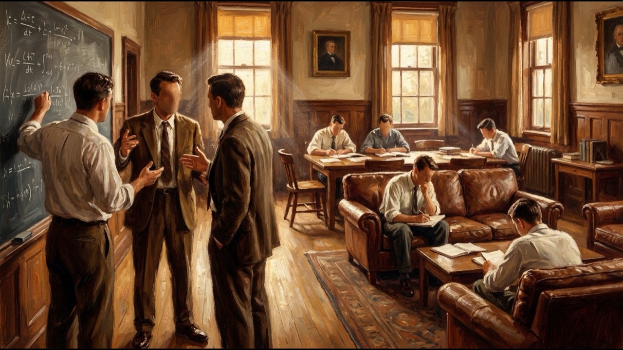 1956年夏のダートマス会議、黒板の前で議論する研究者たちを描いた絵画的イメージ