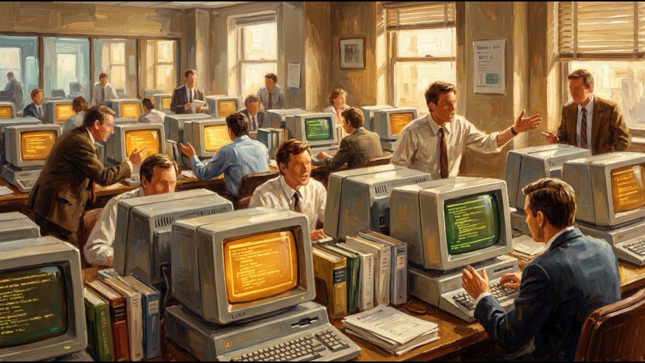 1980年代の高揚するオフィス。LISP マシン風端末が並び、技術者たちが活気づいて働く painterly な情景。warm amber と明るい昼の光が支配する春のイメージ