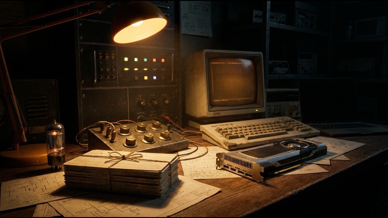 1970年代の大学コンピューター研究室の広角写真。メインフレーム機器、緑画面のCRT端末で作業する研究者、印刷物の山、黒板に書く同僚、当時の研究現場の様子