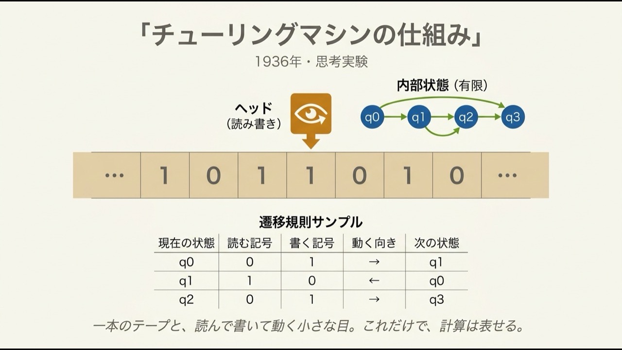 チューリングマシンの仕組み図。無限のテープに 0 と 1 が並び、読み書きヘッドが一マスを指し、上部に有限の内部状態 (q0/q1/q2/q3) のノード、下部に遷移規則のサンプル表