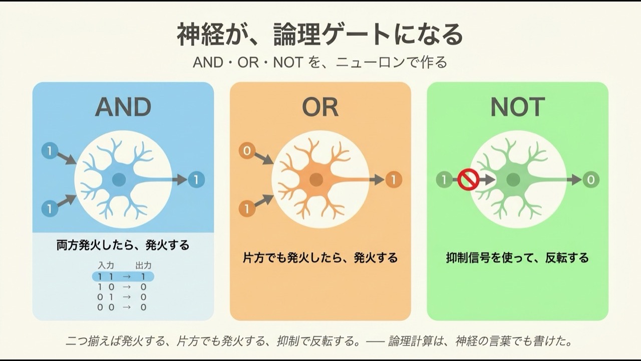 AND/OR/NOT のニューロン版を 3 つの並列パネルで示した図。AND は両方発火で発火、OR は片方でも発火で発火、NOT は抑制信号で反転