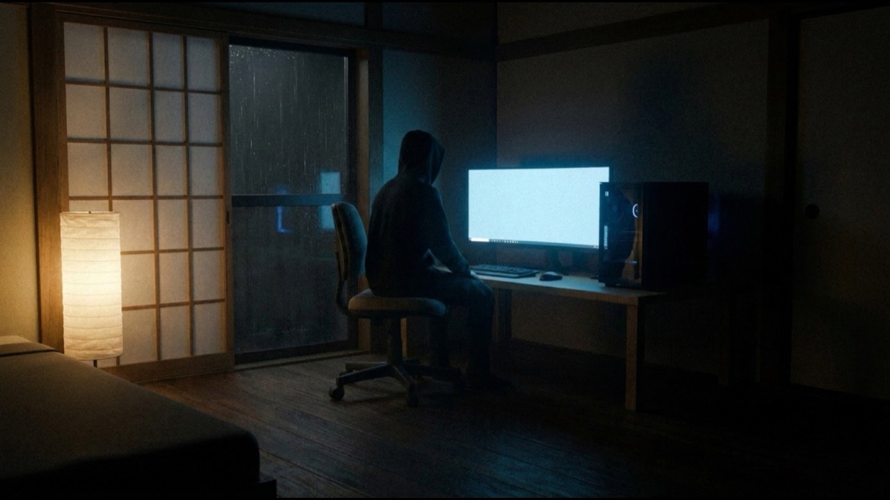 夜、光る画面の前に座る後ろ姿