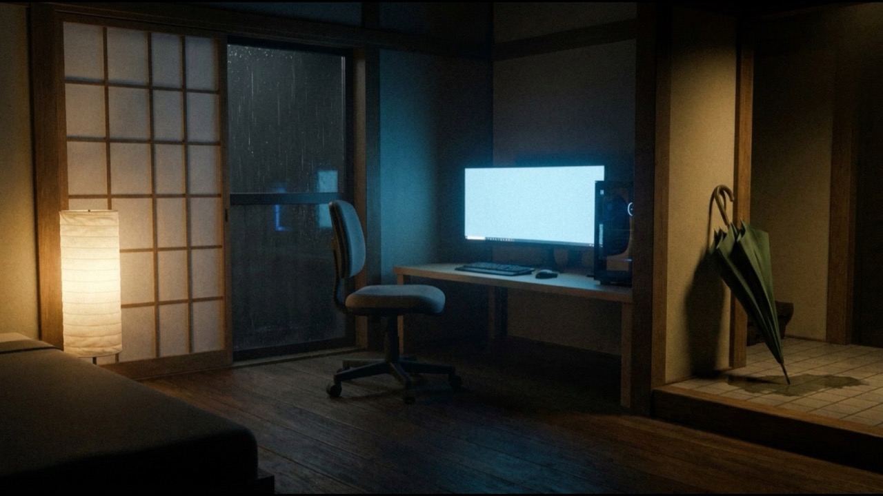 暗い玄関に立つ一本の傘