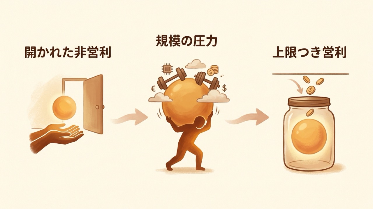 開かれた非営利から規模の圧力を経て上限つき営利へ