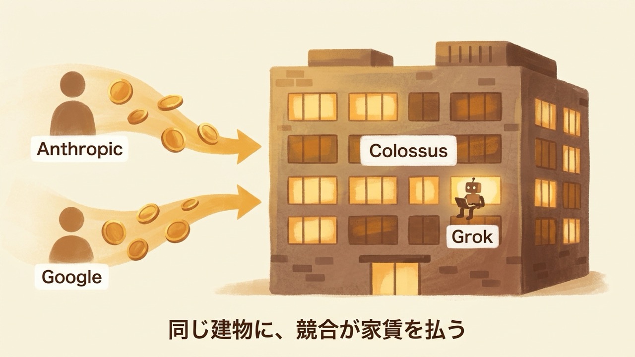 AnthropicとGoogleがSpaceXのColossusに家賃を払い同じ建物にGrokもいる図