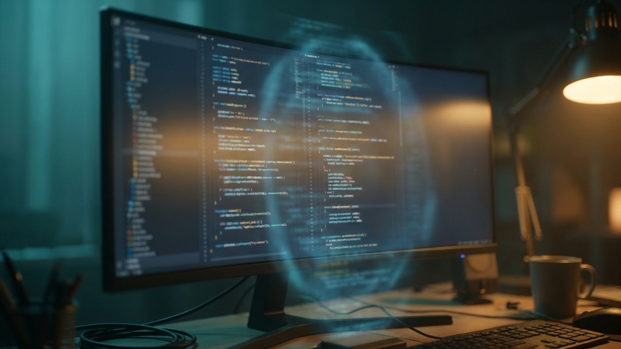 Imagen生成: Cinematic atmospheric close-up of a modern widescreen monitor in a dark develope