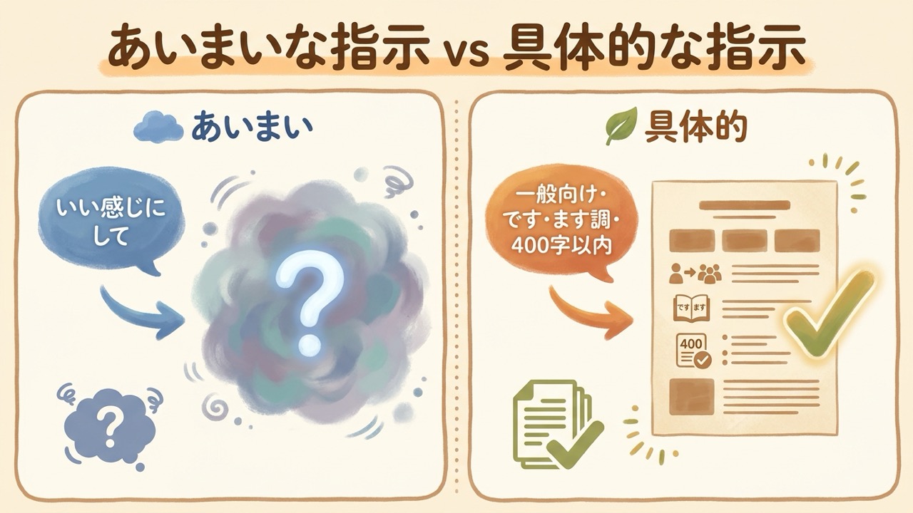 あいまいな指示ではぼんやりした結果、具体的な指示ではねらい通りの結果が返ることを対比したBefore/After図