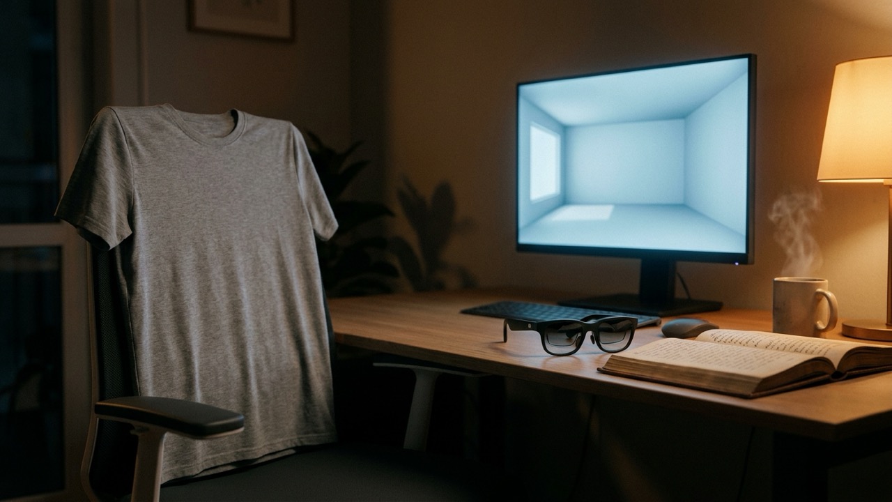 グレーのTシャツが掛かった椅子とスマートグラスの置かれた夜のデスク