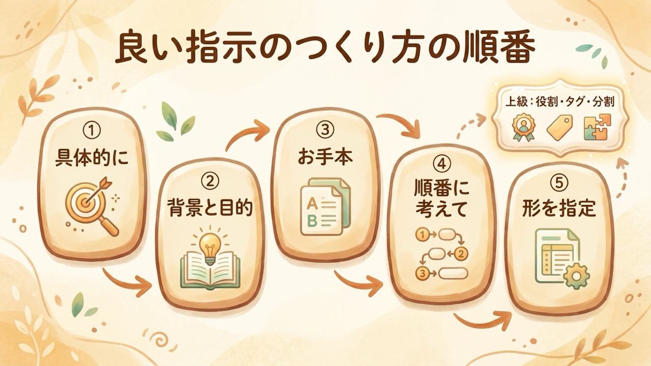良い指示のつくり方の順番。①具体的に②背景と目的③お手本④順番に考えて⑤形を指定、その上に上級テクニック(役割・タグ・分割)を積む図