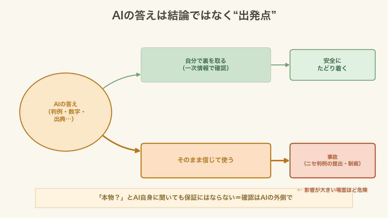 AIの答えは『出発点』。そこから『自分で裏を取る』道を選べば安全にたどり着き、『そのまま信じて使う』道を選ぶと事故につながる、という分岐の教訓図