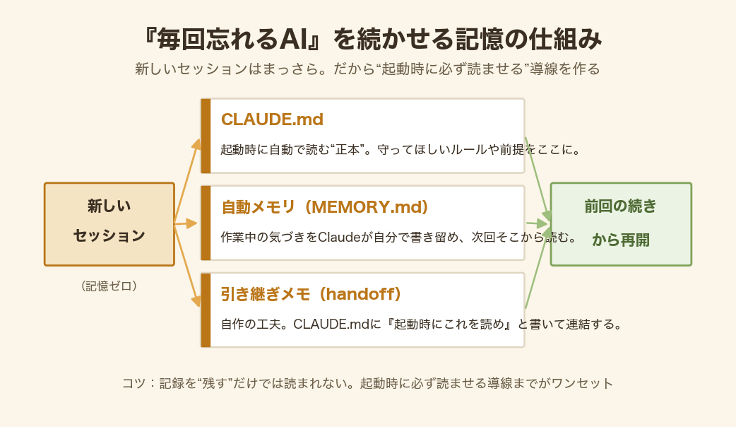 新しいセッションがCLAUDE.md・自動メモリ・引き継ぎメモを起動時に読み、前回の続きから再開する導線図