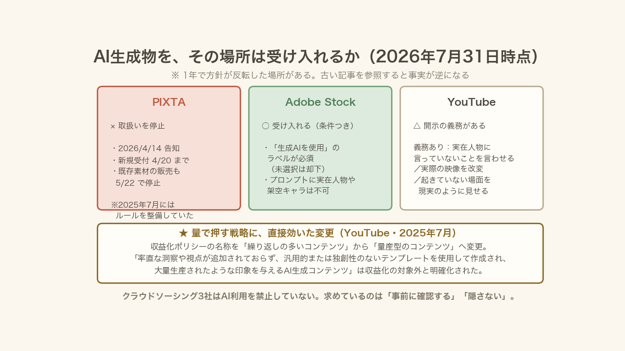 図2:AI生成物を受け入れる場所・受け入れない場所(2026年7月31日時点)