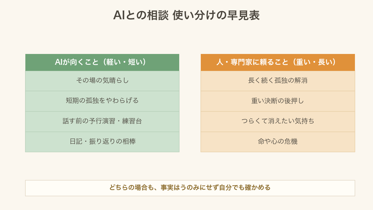 AIに向くこと（その場の気晴らし・短期の孤独をやわらげる・話す練習・日記の相棒）と、人や専門家に頼ること（長く続く孤独・重い決断・つらくて消えたい気持ち・命や心の危機）を分けた使い分けの早見表