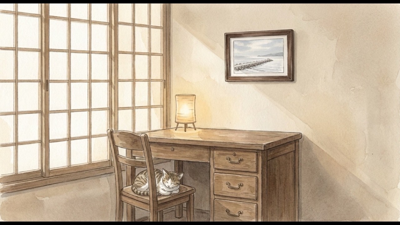 父の書斎の机、椅子で眠るセロニアス、壁の冬の海の写真