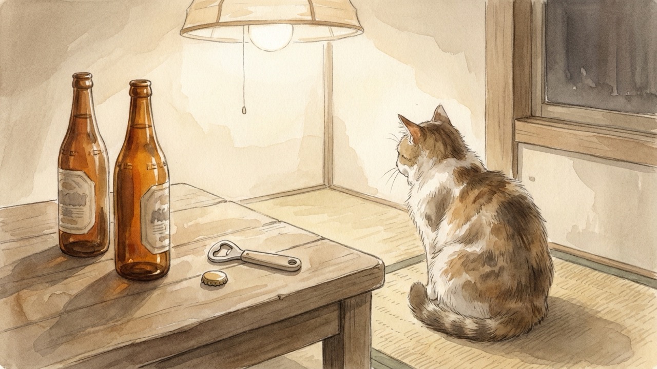 猫のセロニアスと瓶ビール