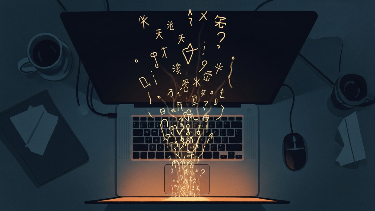 夜のデスクのノートPCから、打鍵された文字が光の粒となって立ちのぼり、吸い上げられていく抽象イラスト