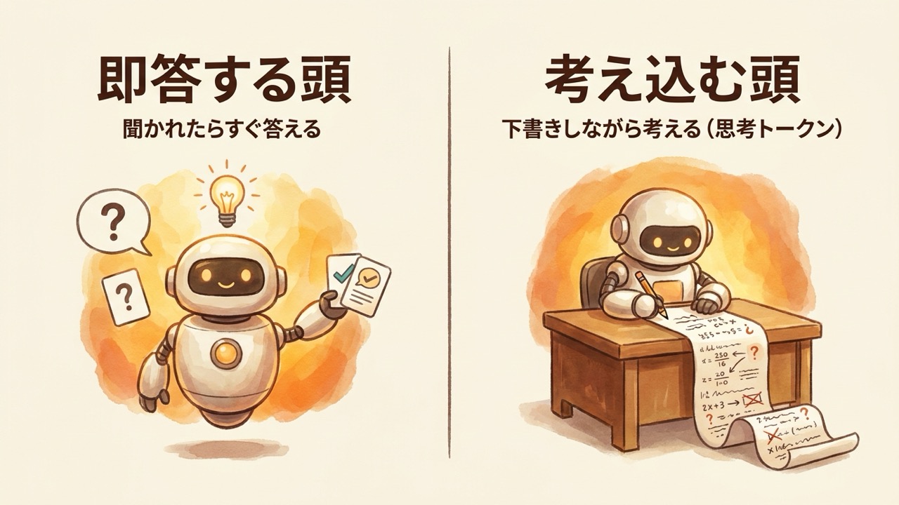 即答する頭と考え込む頭——推論モデルは下書き(思考トークン)を書きながら考える