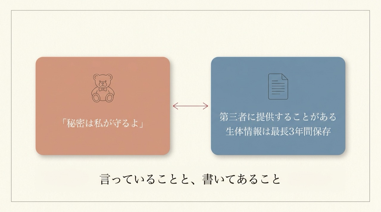 おもちゃの発話『秘密は私が守るよ』と、同じ会社の規約『第三者提供・生体情報3年保存』の対比図