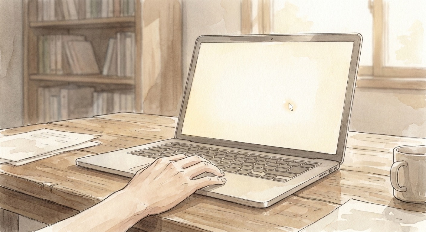ノートPCの画面、消えない検索窓とカーソル