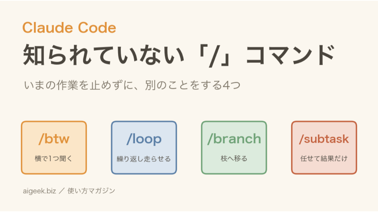 Claude Codeの「/」コマンド 後編｜知られていない4つ（/btw /loop /branch /subtask）