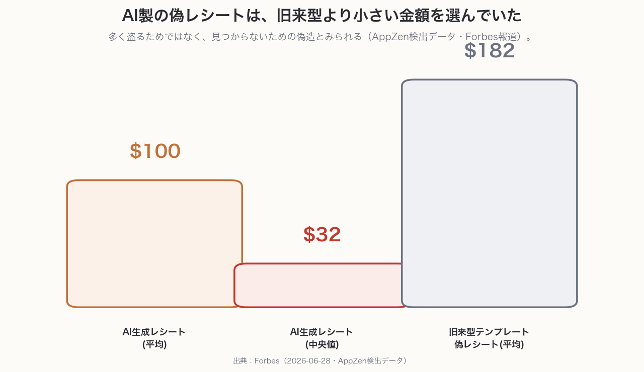 AI生成レシートの平均額100ドル・中央値32ドルと、旧来型テンプレート偽レシートの平均額182ドルを比較した棒グラフ