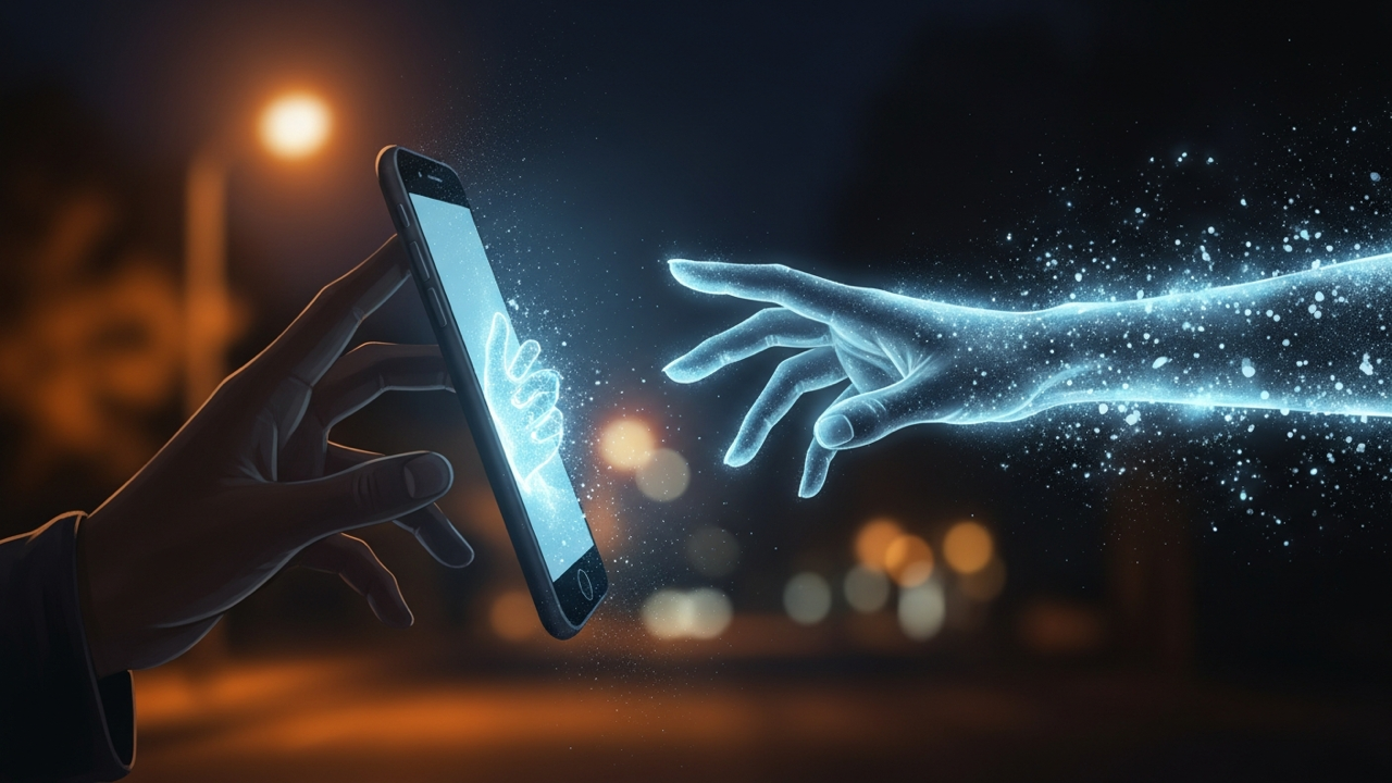 スマホの画面から伸びる光の手と、それに応えようとする手