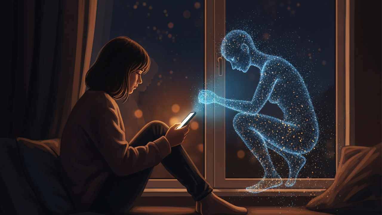 夜、スマホの光を見つめる人と、その光からにじみ出るデジタルの恋人の気配