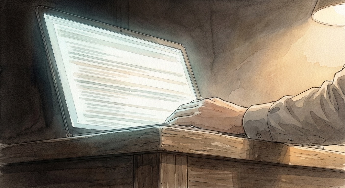 暗い部屋で光る画面と、そこに並ぶ読めない行