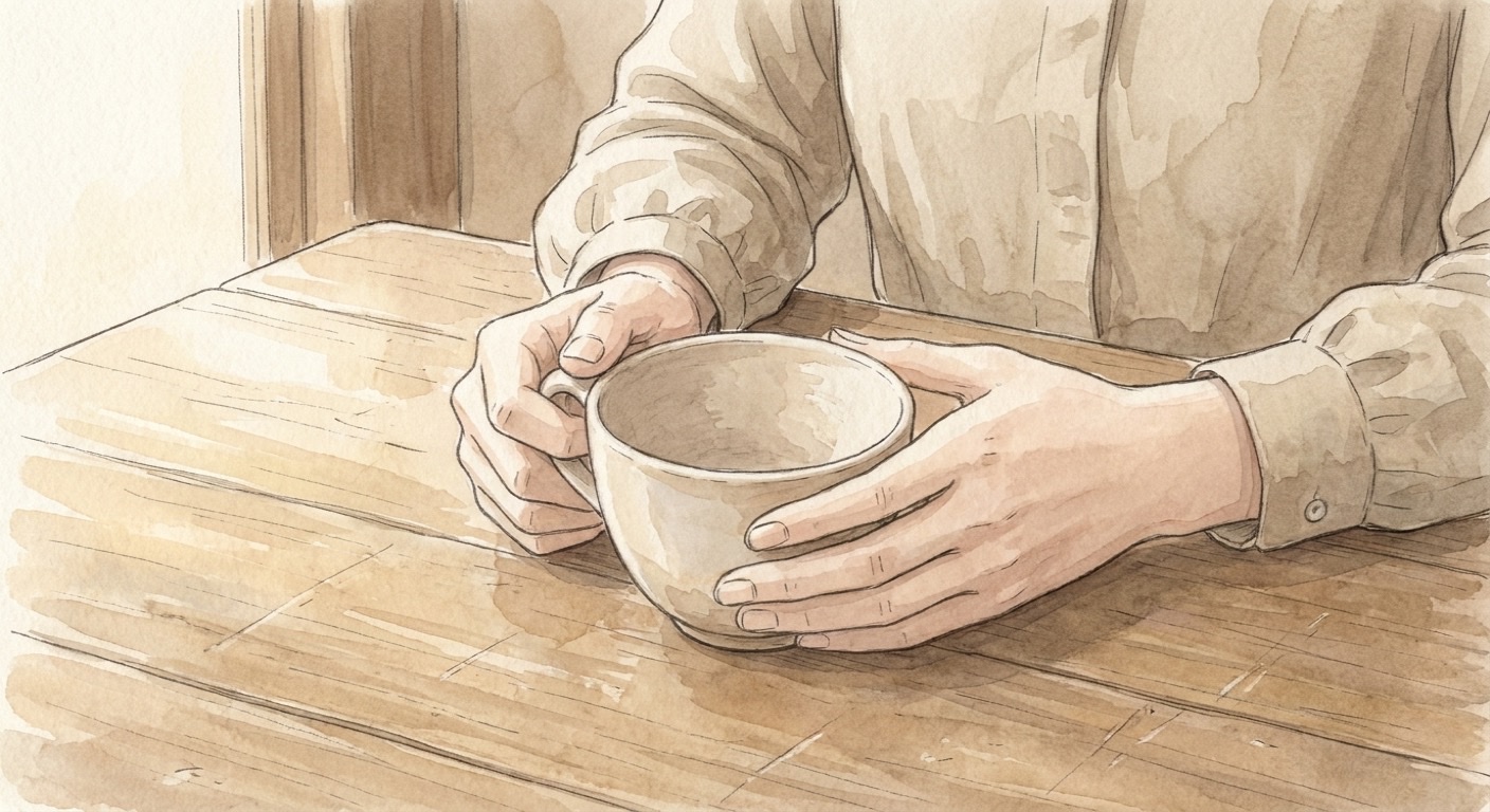 空の湯呑みを両手で包む手元