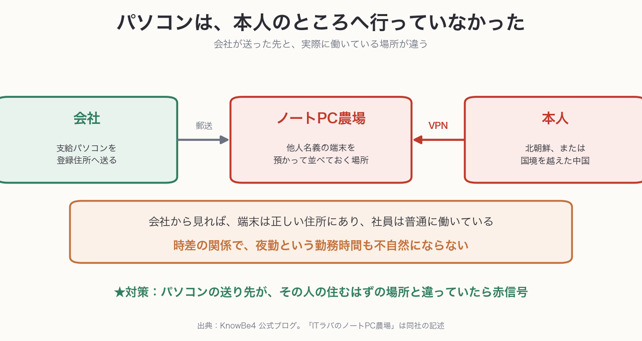ノートPC農場を経由した遠隔就労の仕組みを示す図