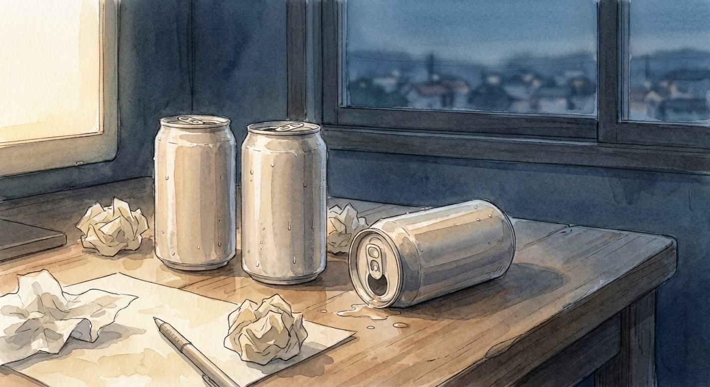 夜明け前の机に立つ空き缶と倒れた缶