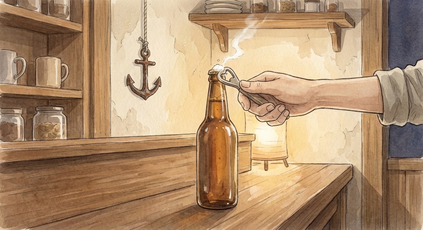 壁に掛かった錆びた錨と、カウンターの瓶ビール