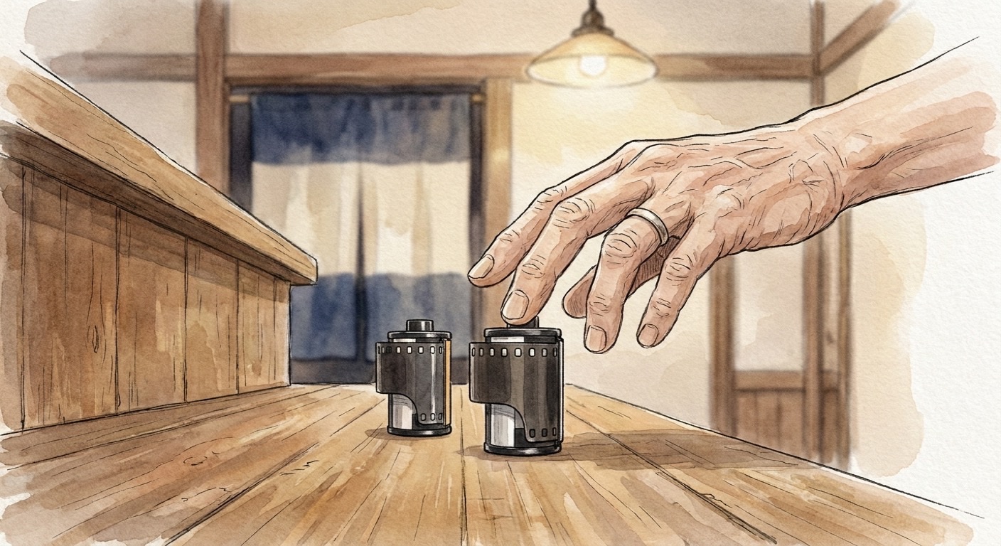 カウンターに置かれた二本のパトローネと、それをつまむ指先