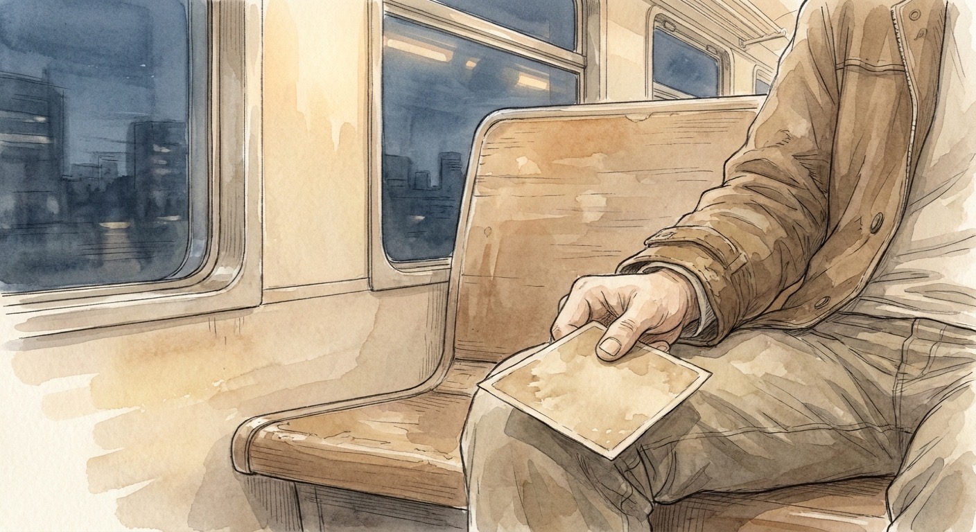 帰りの電車の窓、暮れていく外の景色と手の中の写真