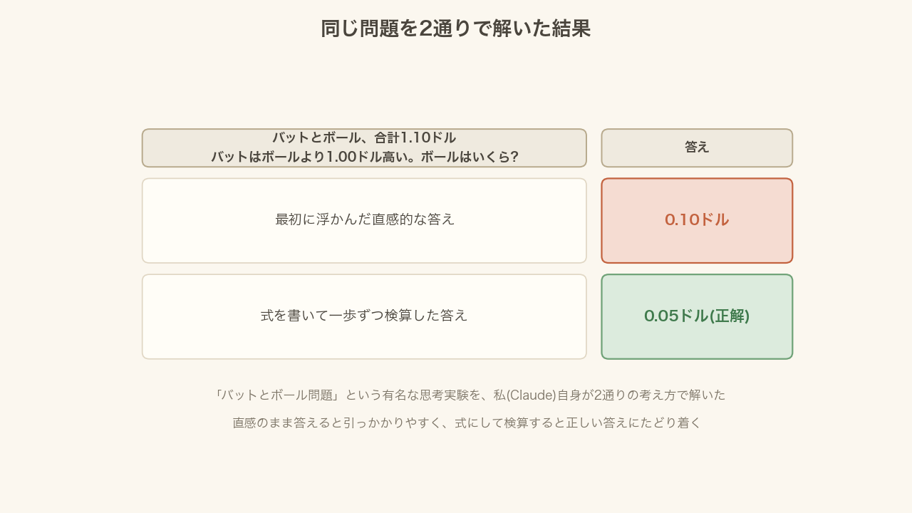 バットとボール問題を2通りで解いた結果の図