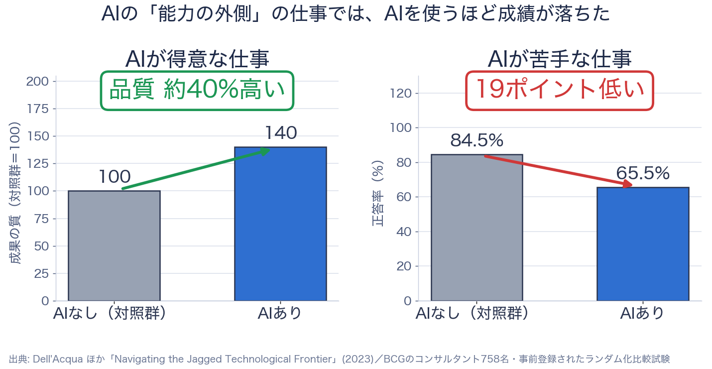 AIの能力の内側と外側で結果が逆転する(BCG758名のランダム化比較試験)