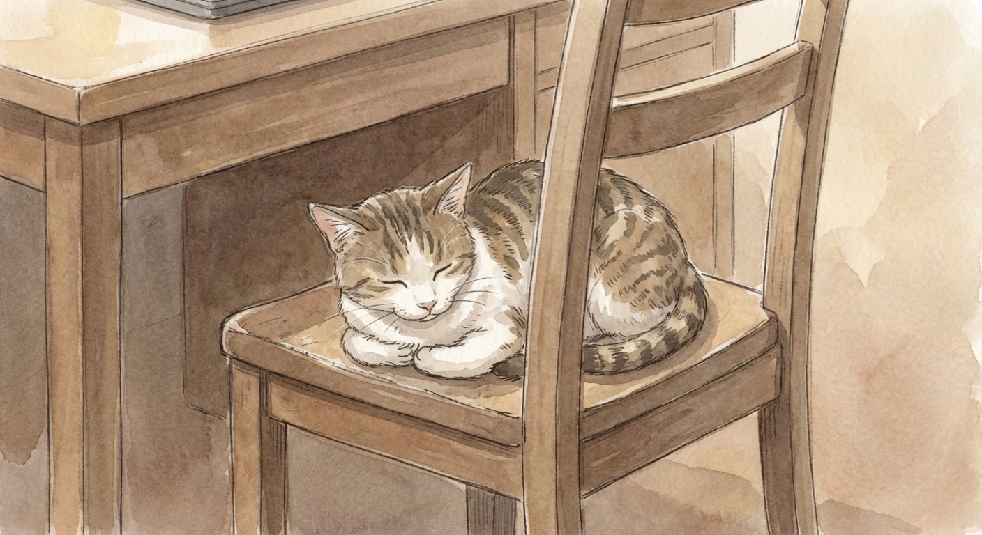 古い木の椅子で丸くなって眠る猫