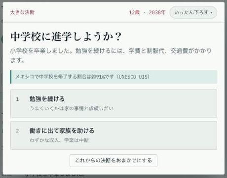 12歳で中学校に進学するか働くかを選ぶ画面