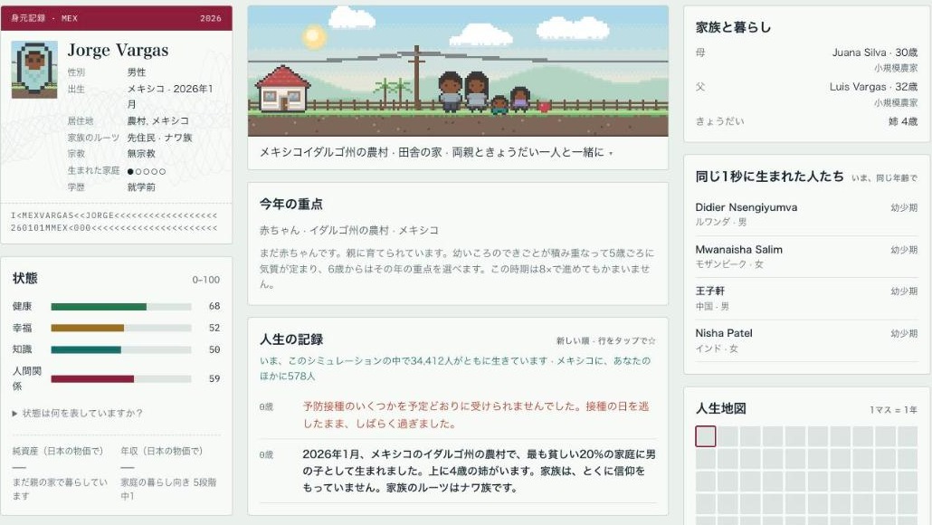 80億分の1のプレイ画面。ドット絵の家族と人生の記録